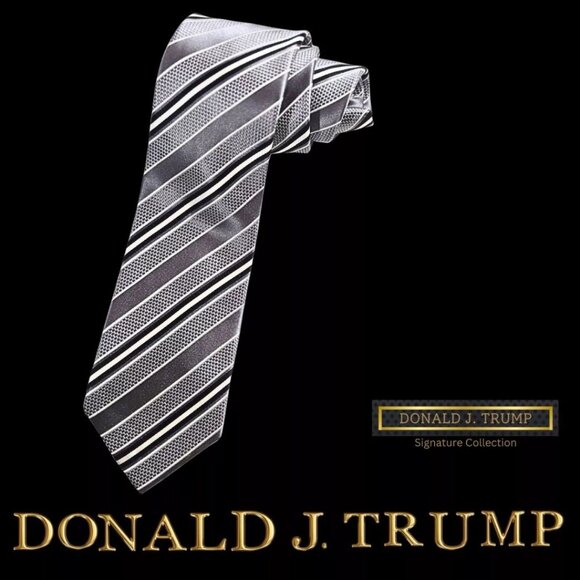 Donald J Trump Signature Collection Necktie Tie Black Silver Striped Silk New